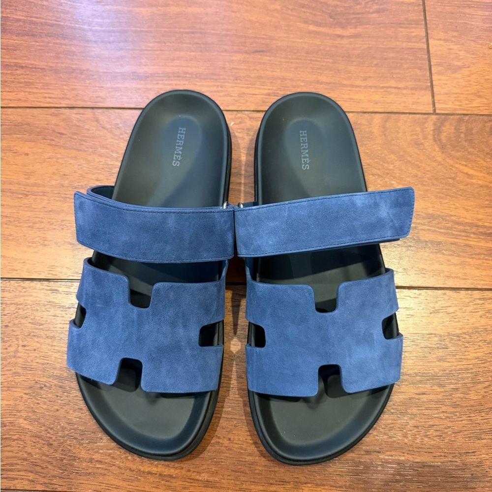 Men’s Hermes Chypre Sandal Blue Celeste Dark Suede Slide Size US 9.5/EU 42.5